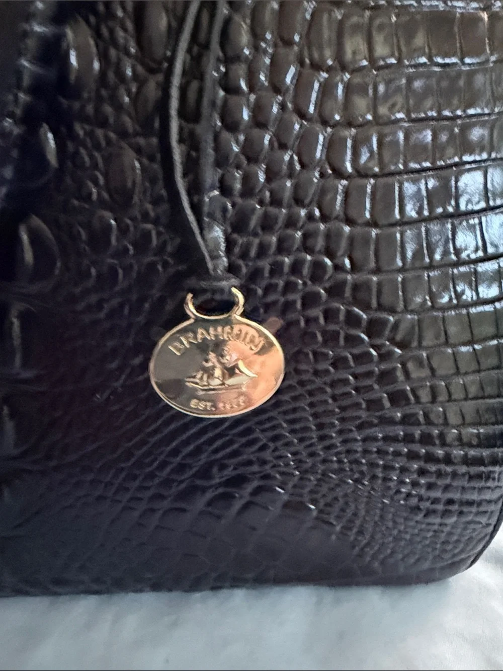 Brahmin Ink Blue Croc-Embossed Satchel with Gold Charm